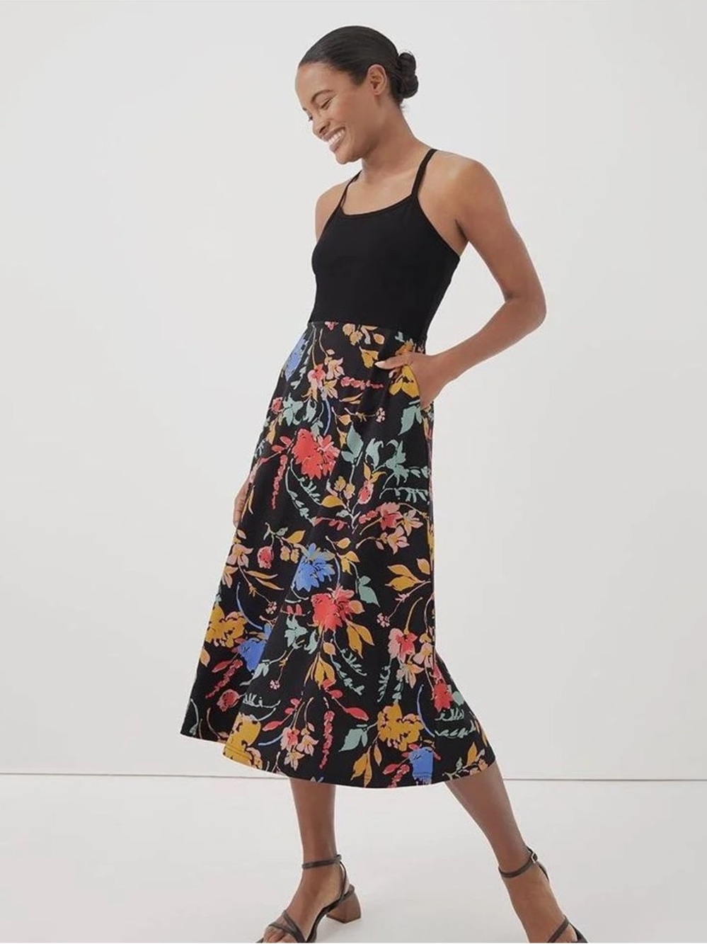 Pact Black Floral Maxi Dress with Strappy Back Athletic Dress Small Cotton